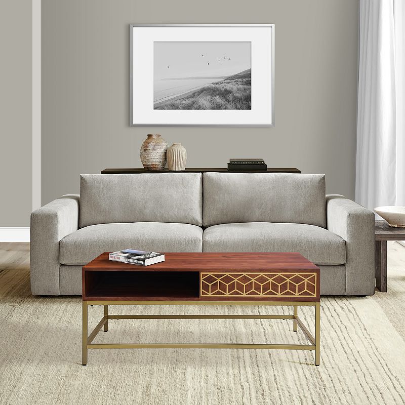 Kalyn 43 Inch Acacia Wood Coffee Table， Geometric Design Print， 1 Open Compartment， Natural Brown， Brass