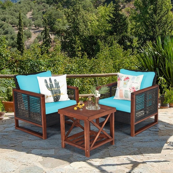 3PCS Patio Wood Wicker Conversation Furniture Sofa Set with Cushion - Overstock - 37500666