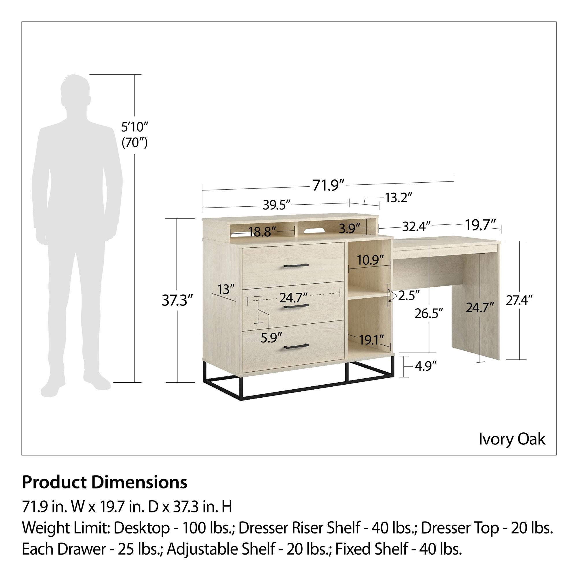 Novogratz Kelly 3 in 1 Media Dresser and Desk Combo, Ivory Oak