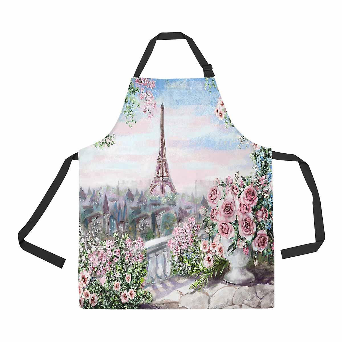 Summer In Paris Gentle City Landscape Flower Rose Leaf Unisex Adjustable Bib Apron With Pockets For Restaurant Home Kitchen