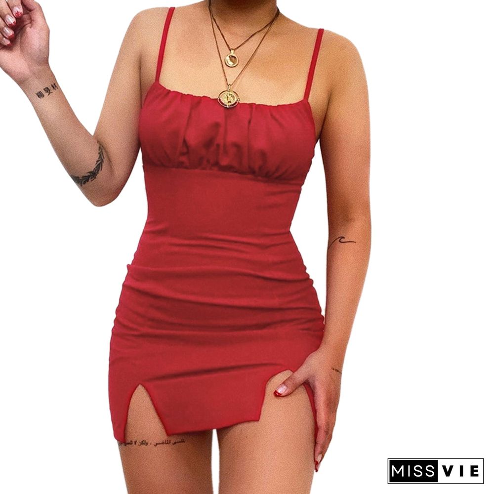 Back To School Outfit  Women Sleeveless Double Split Dress Fashion Summer Solid Color Spaghetti Strap Mini Bodycon Dress Chic Ladies Pleated Sundress