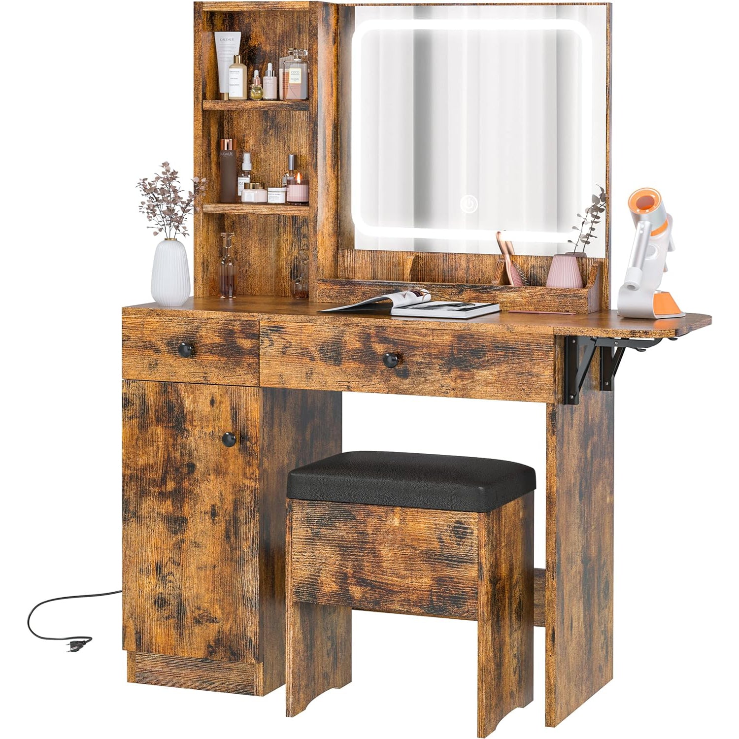 Vanity Desk with Drop Leaf, Power Outlet, LED Lighted Mirror and Storage Stool