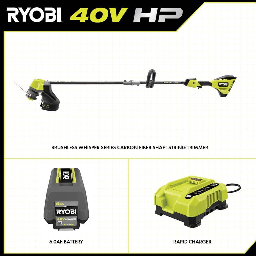 RYOBI 40V HP Brushless Whisper Series 17 in. Cordless Battery Carbon Fiber Shaft String Trimmer w/ 6.0 Ah Battery & Charger RY402110