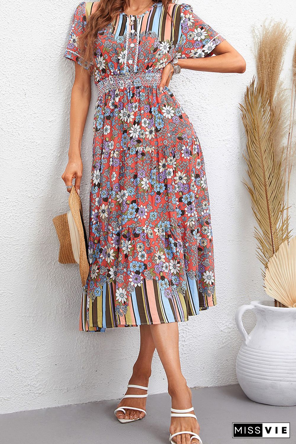 Flower And Stripes Printinig Patchwork Bohemia Dress