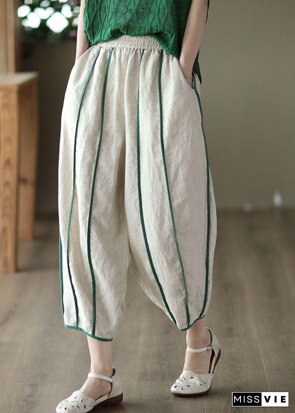 Print2 Patchwork Linen Harem Pants Pockets Striped Summer