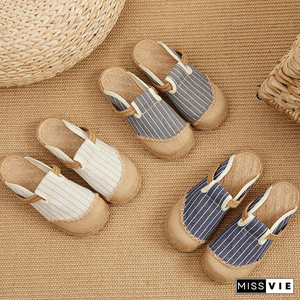 Fitted Slippers Shoes Beige Striped Cotton Linen Fabric