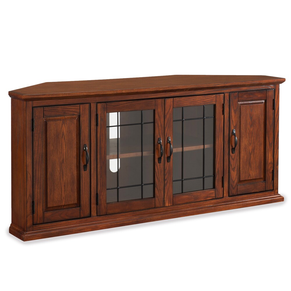 Burnished Oak finish Wood and Leaded Glass 56 inch Corner TV Stand