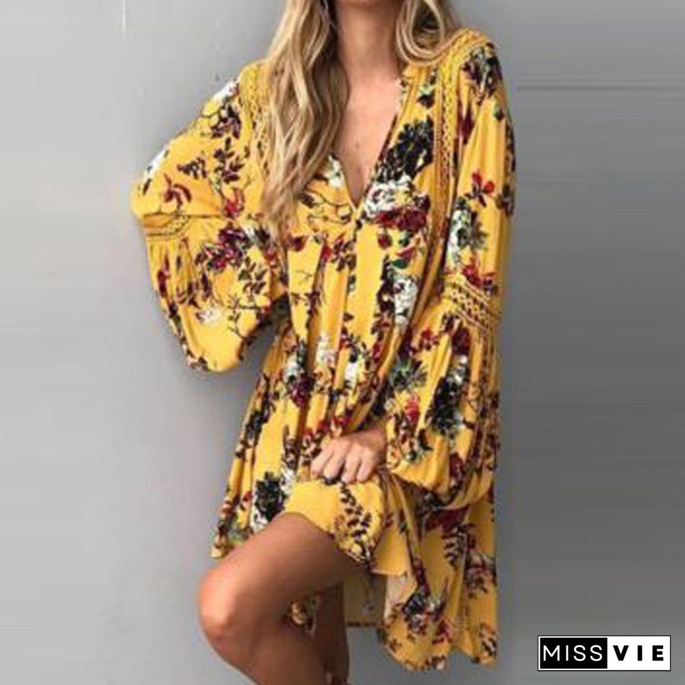 Women Summer Boho Floral Long Sleeve V-Neck Maxi Evening Party Beach Mini Dress Sundress S-XXL