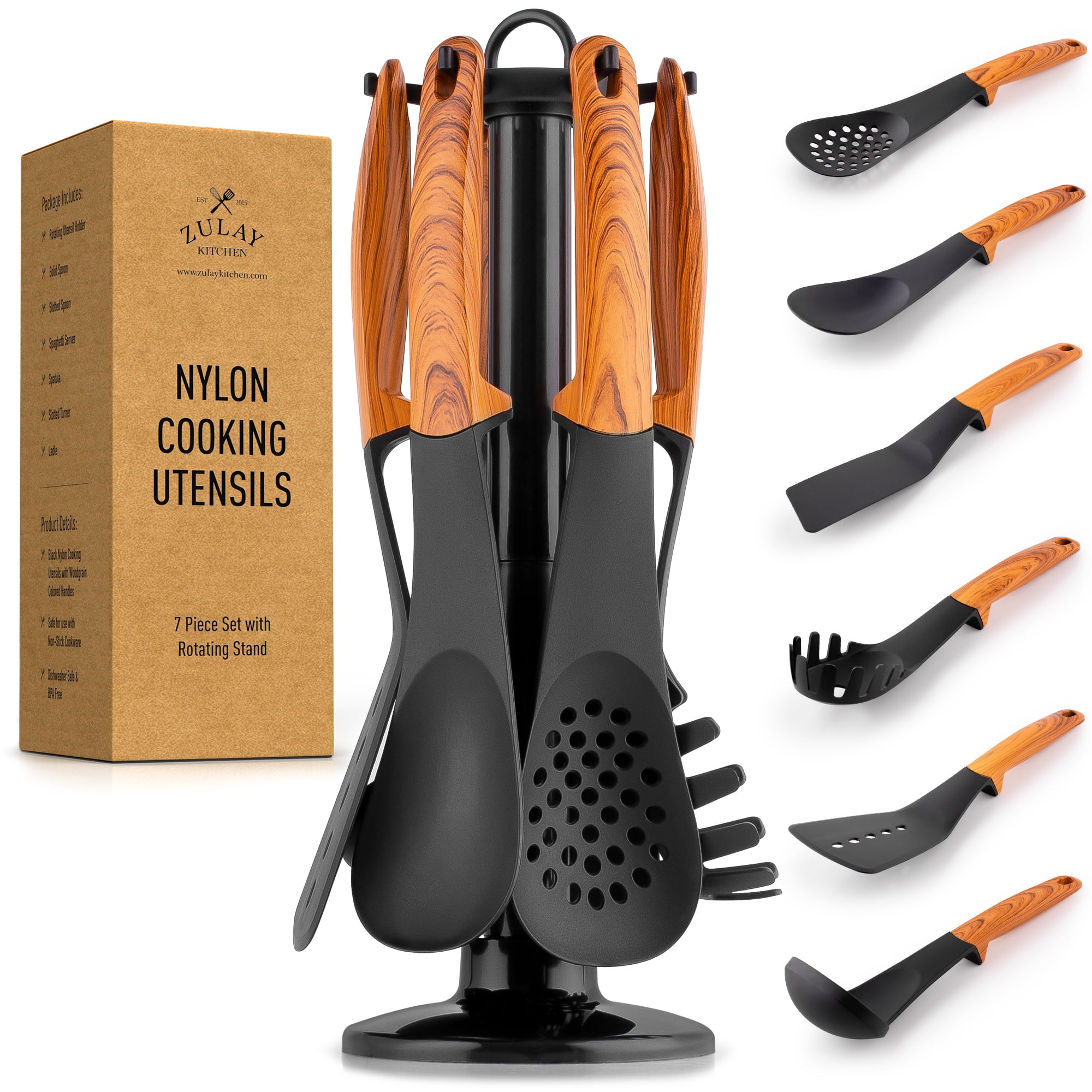 Zulay Kitchen 6-Piece Utensils with Rotating Stand - Non Stick Nylon Kitchen Utensil Set Black