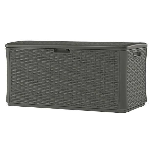 Suncast Bmdb13400st 134 gallon Extra Large All weather Uv resistant Wicker Pattern Deck Box With Lockable Lid For Garden Garage Or Patio Stoney