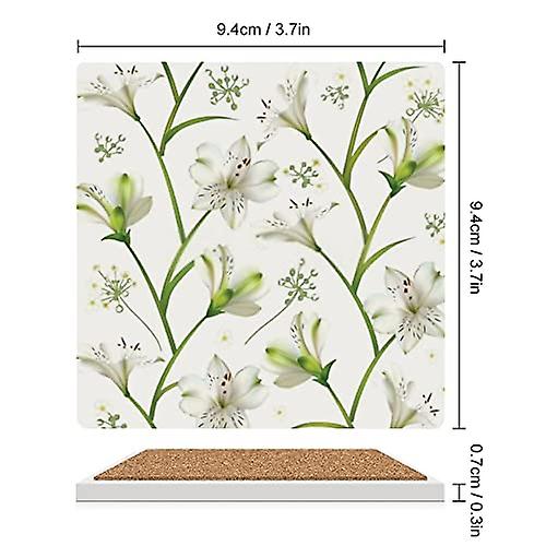 Colourlife Square Drink Coasters 2 Pcs Lilies Flowers On White Absorbent Ceramic Coffee Coasters For Drinks With Cork Base Housewarming Gift For Home