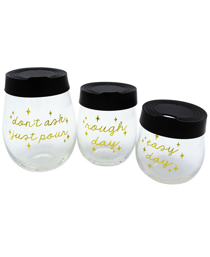 TMD Holdings Don't Ask Just Pour Rough Day Easy Day Stemless Wine Variety pack with Silicone Sipper Lids Set of 6