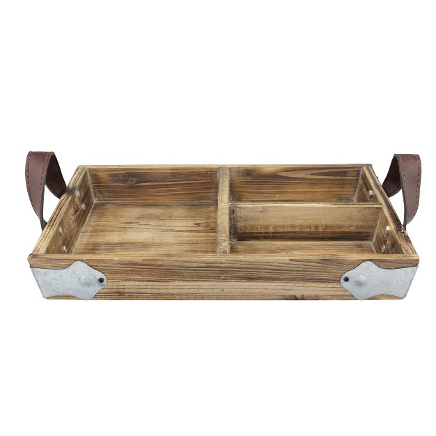 X 11 quot Rustic Divided Wood Tray With Leather Handles Brown Stonebriar Collection