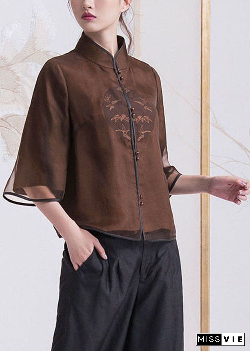 Chinese Style Brown button Stand Collar Silk coats Half Sleeve