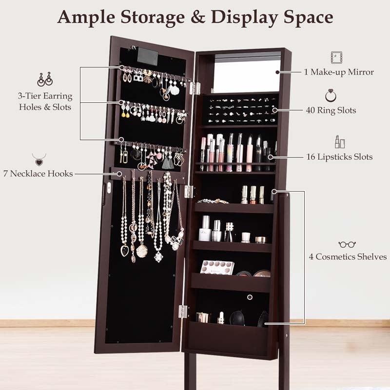 18 LEDs Large Standing Jewelry Armoire Cabinet Makeup Mirror with Full-Length Mirror 16 Lipstick Holder