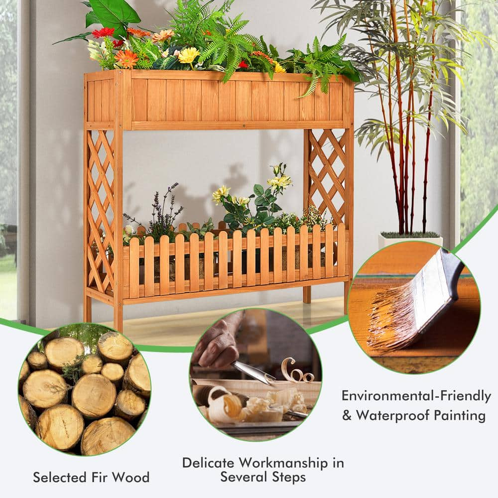 HONEY JOY Outdoor 2-Tier 35.5 in. H Natural Wood Planter Raised Garden Bed Elevated Planter Box Kit with Liner and Shelf TOPB005758