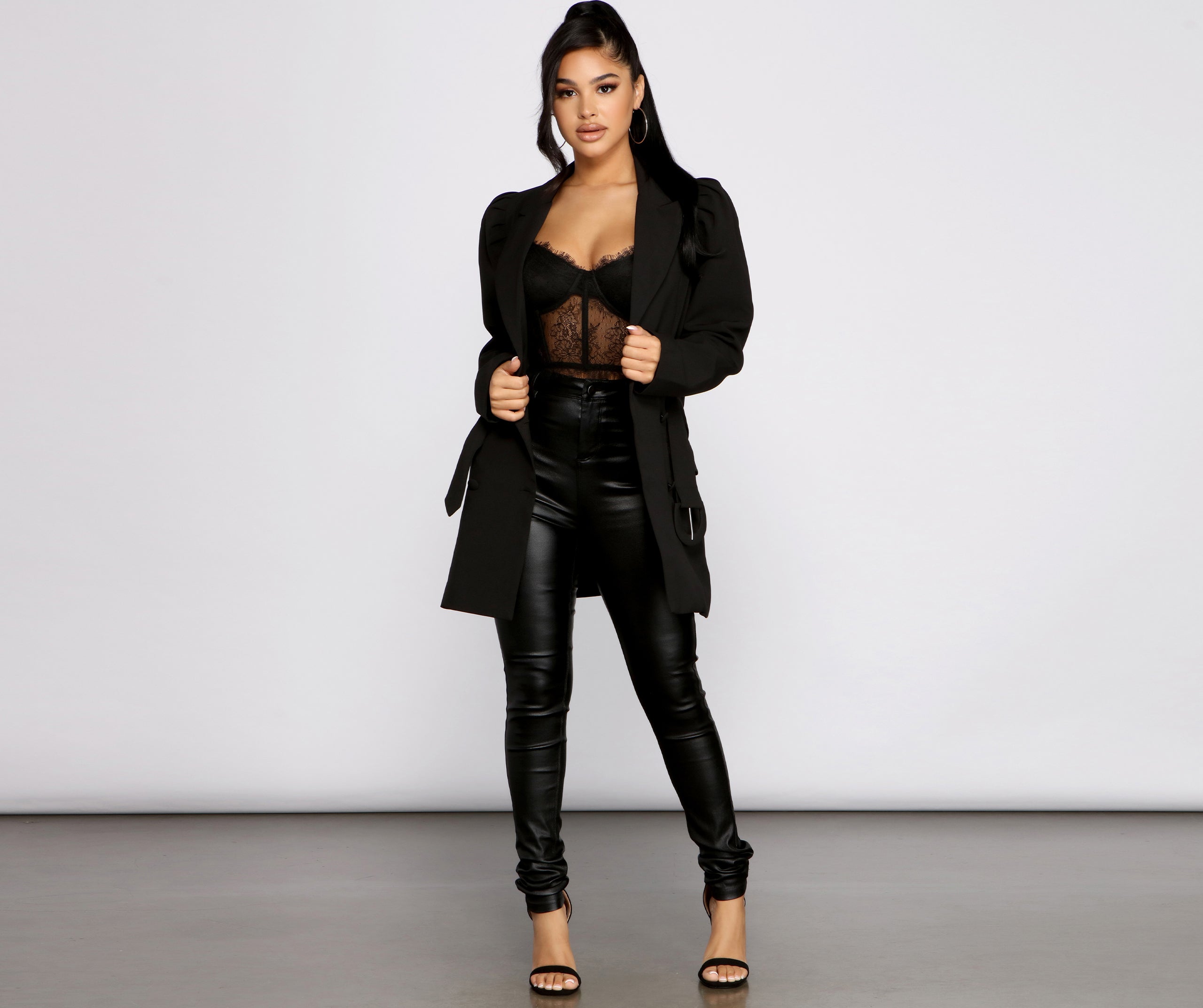 Double Breasted Belted Puff Sleeve Blazer