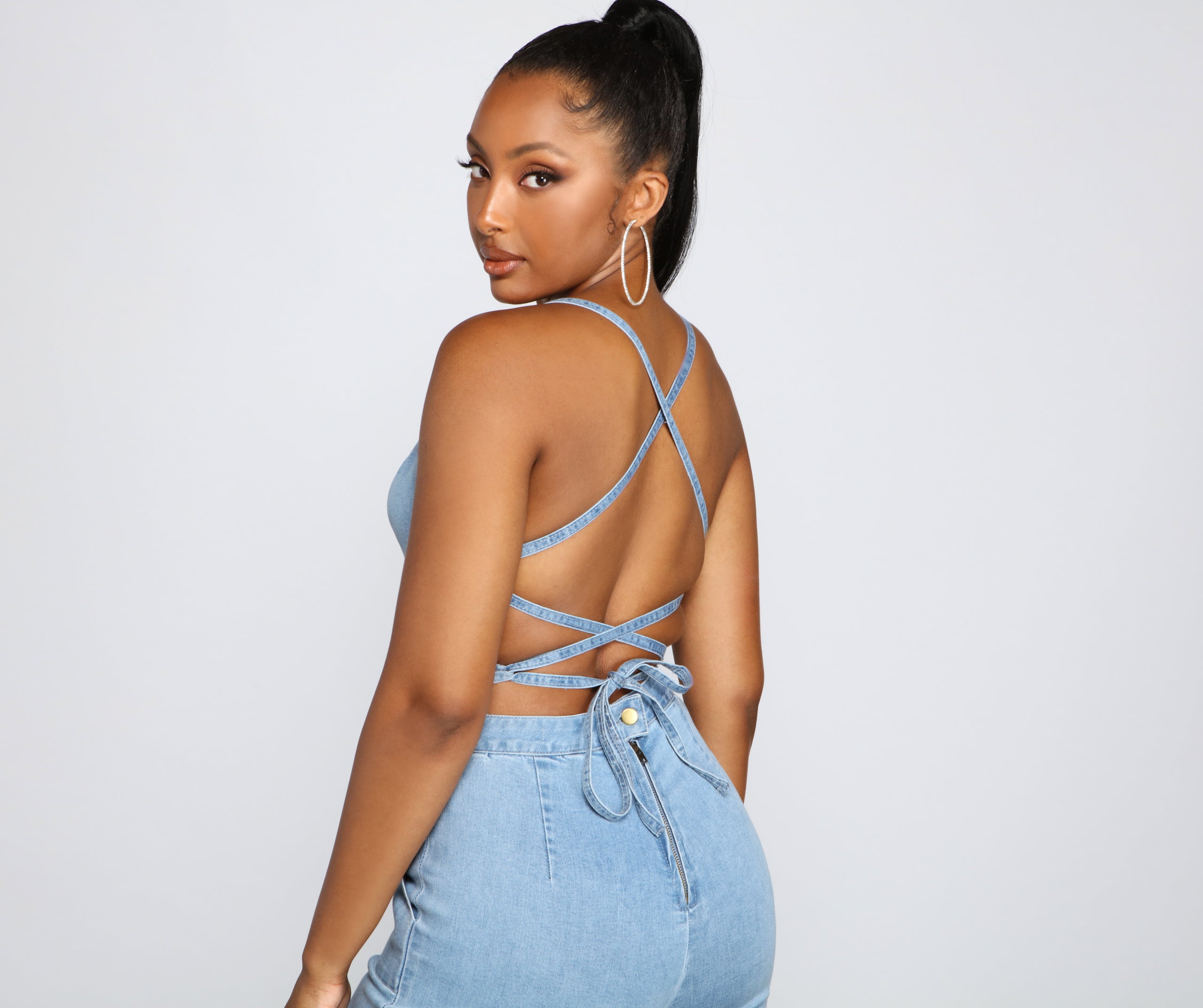 Retro Icon Lace Up Denim Jumpsuit