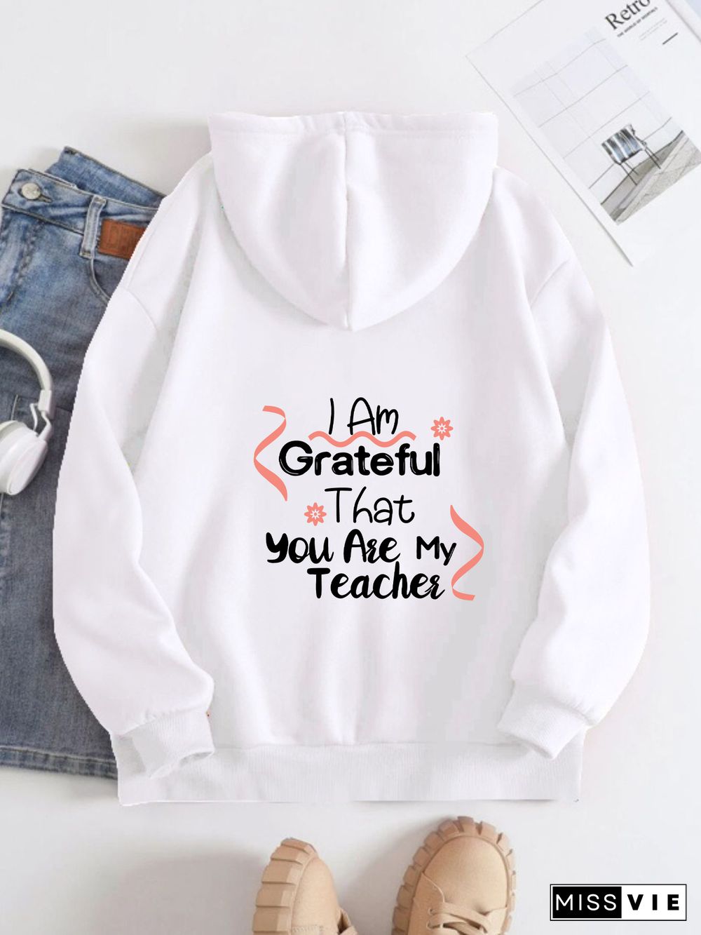 Printed on the Back Kangaroo Pocket Hoodie Long Sleeve for Women Pattern I am grateful that you are my teacher