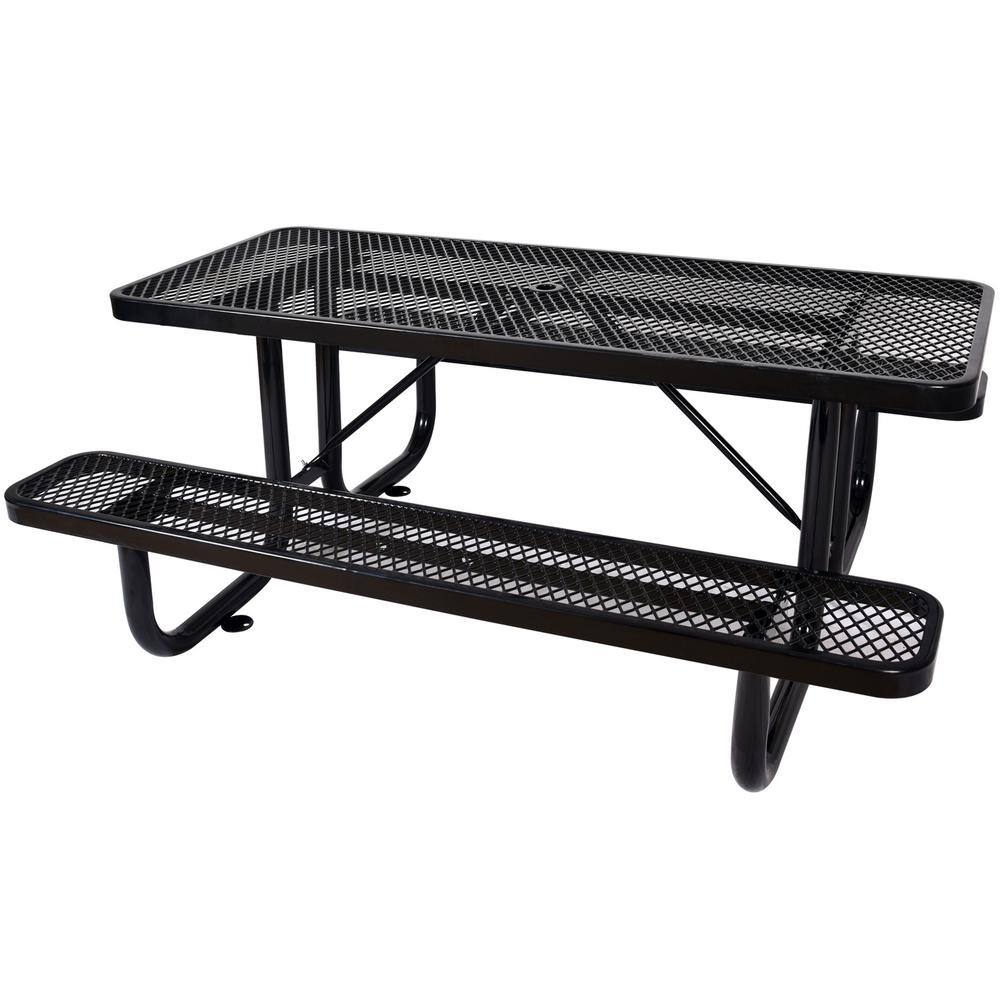 Cesicia 6 ft. Rectangular Outdoor Steel Picnic Table With Umbrella Pole in Black M23od526Mc08