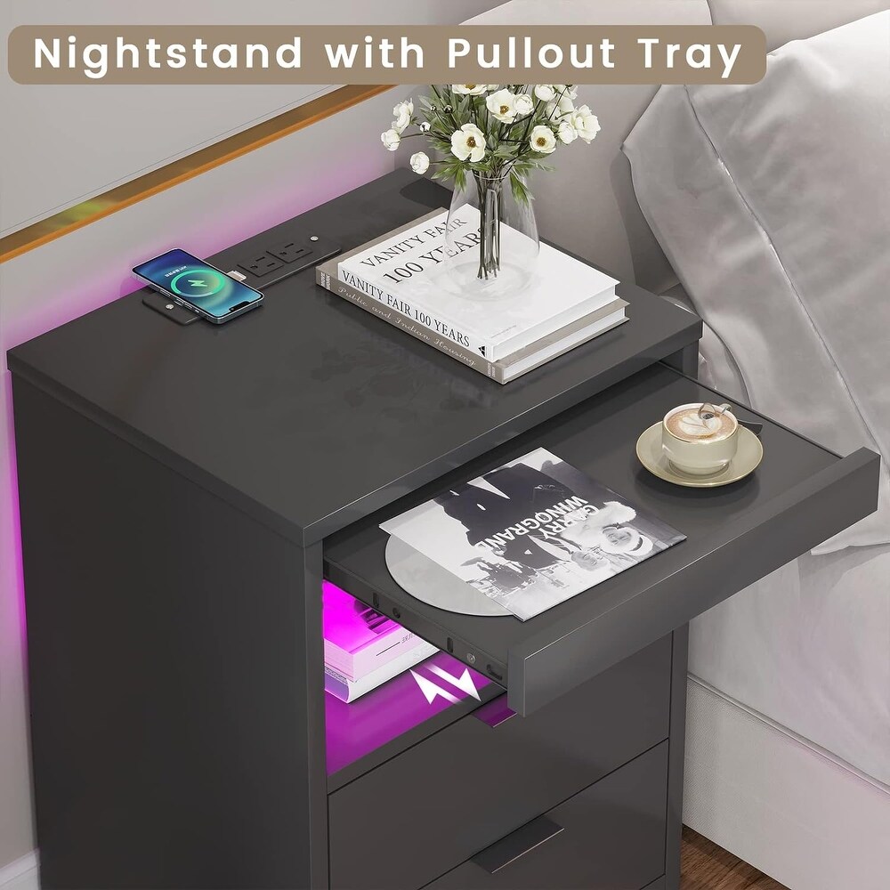 2 Drawers LED Nightstand End Table Wireless Charging Station