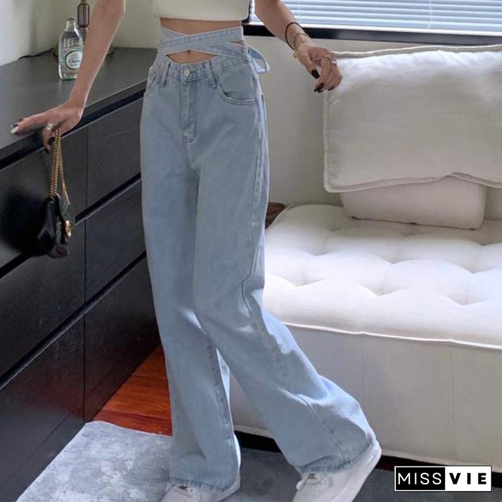 Lace Up High Waist Denim Pants