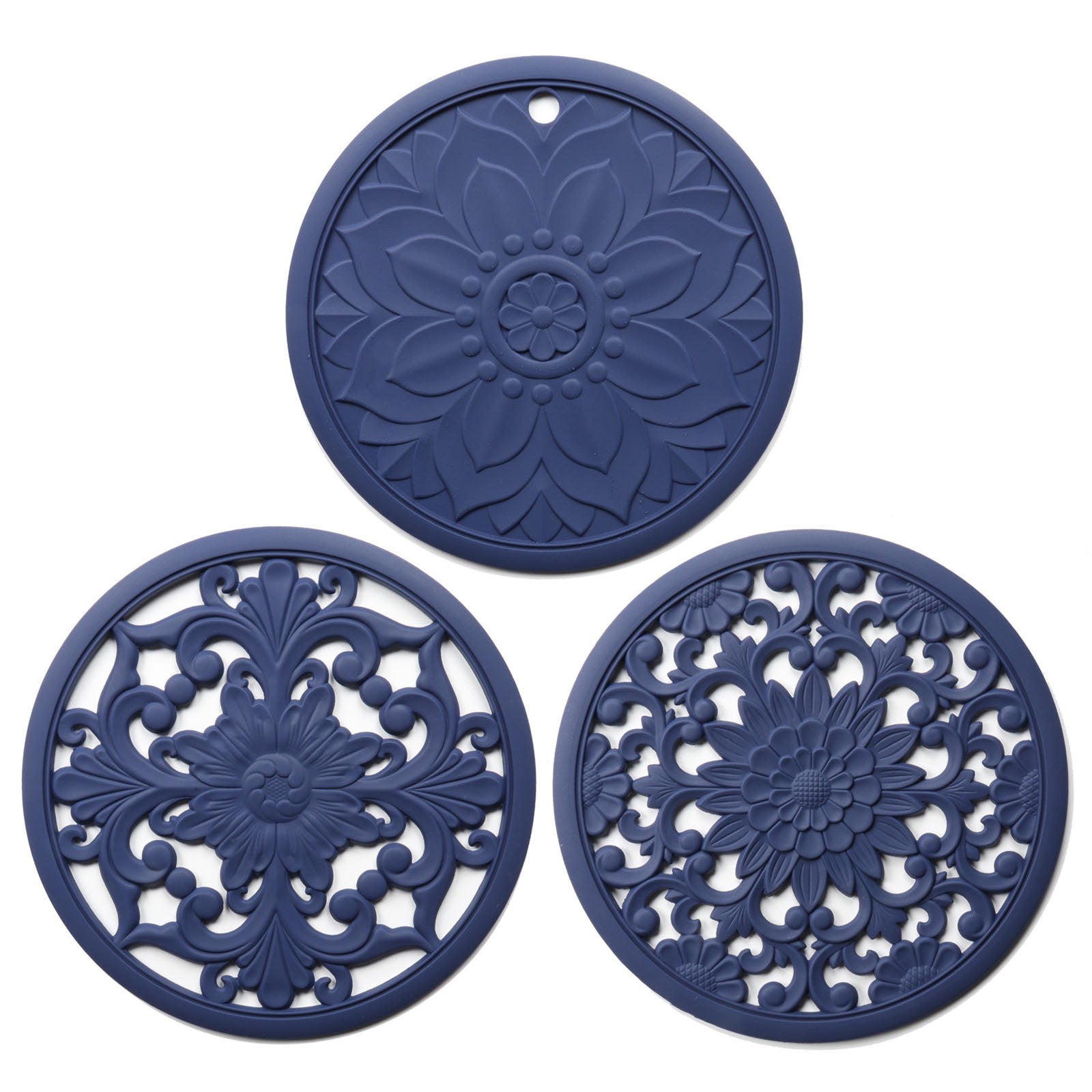 Baofu Silicone Trivet Mat Set with 3 Carved Patterns Hot Pot Holder Hot Pads for Kitchen