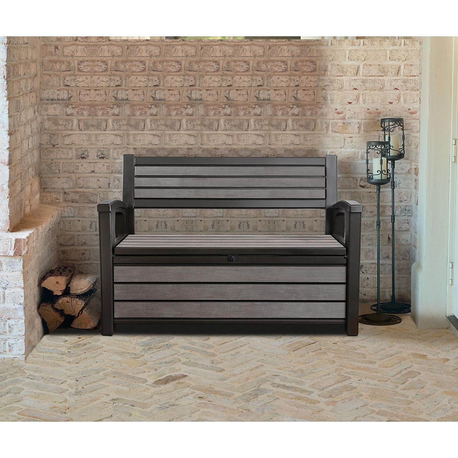 Keter Hudson Outdoor Backyard Patio Storage Bench 60 Gallon Plastic Deck Box, Brown