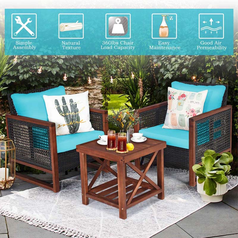 3 Pcs Rattan Patio Furniture Sofa Set Outdoor Conversation Bistro Set with Acacia Wooden Frame & Cushions