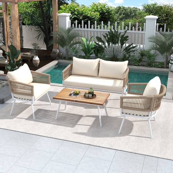 Boho 4Piece Rope Patio Furniture Set Patio Conversation Sofa Set with Acacia Wood Table and Deep Seating Cushions