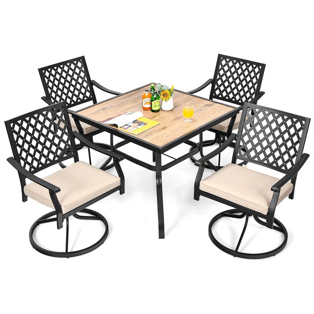 Costway 5pcs Patio Dining Set Square Table 4 Swivel Chair Rocker Cushioned Deck