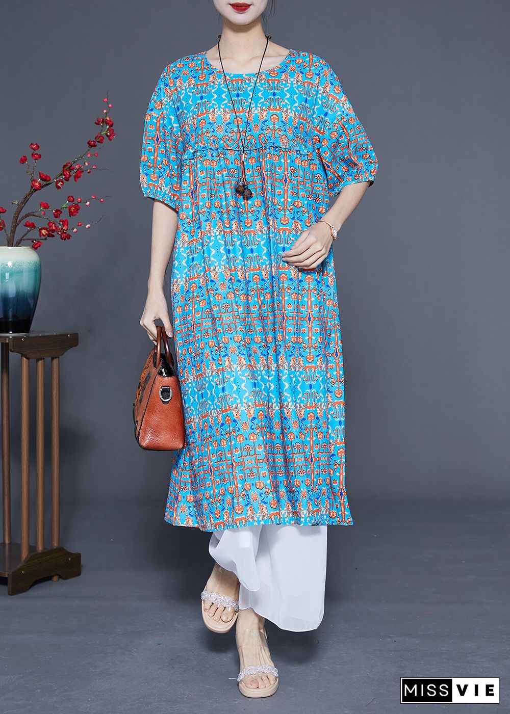 Stylish Blue Ruffled Print Silk Long Dresses Summer