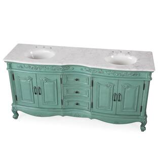 Silkroad Exclusive 72 in. W x 22 in. D x 36 in. H Freestanding Bath Vanity in Green with Carrara White Marble Top V8034NW72D