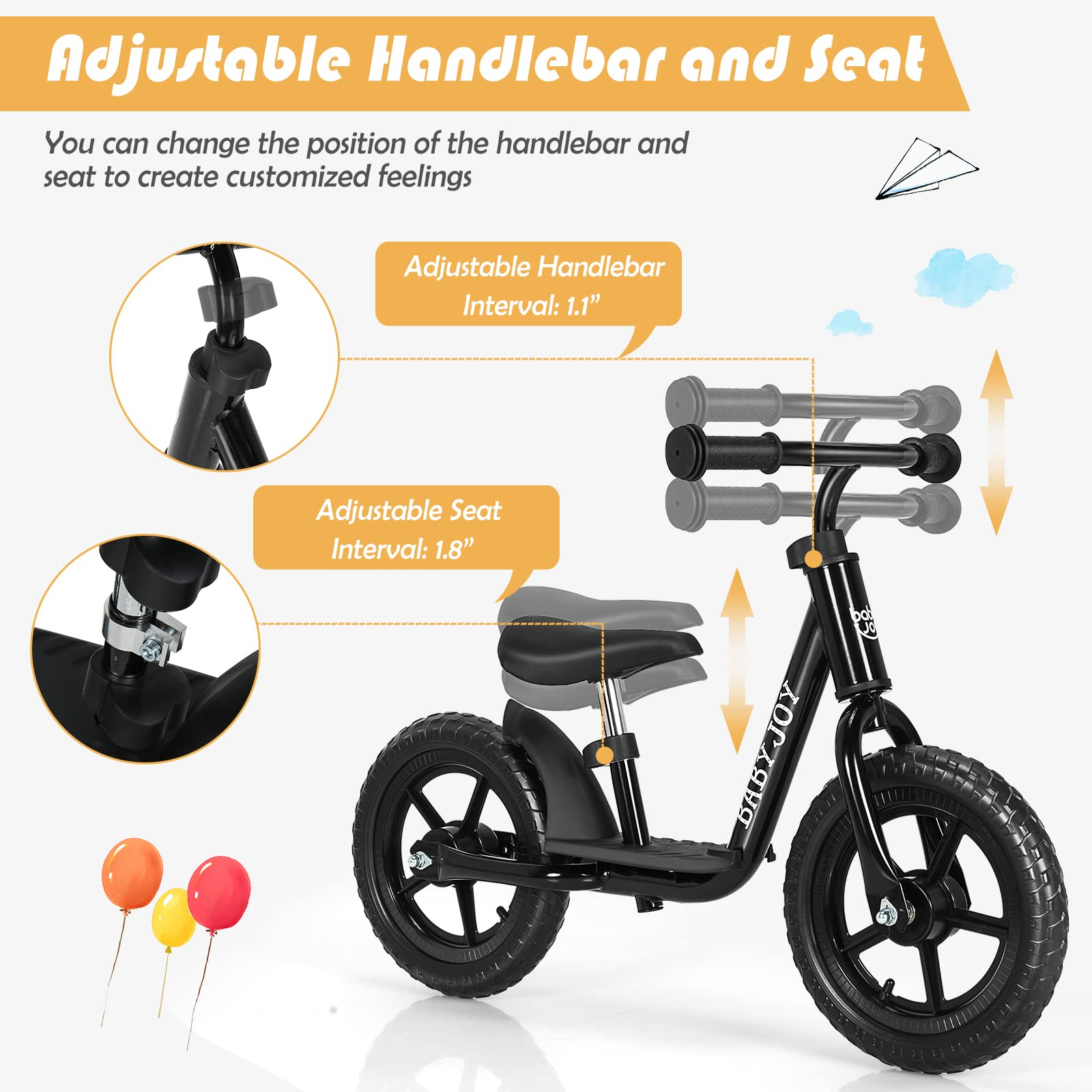 BABY JOY Kids Balance Bike, No Pedal Training Bicycle with Adjustable Handlebar & Seat, 11