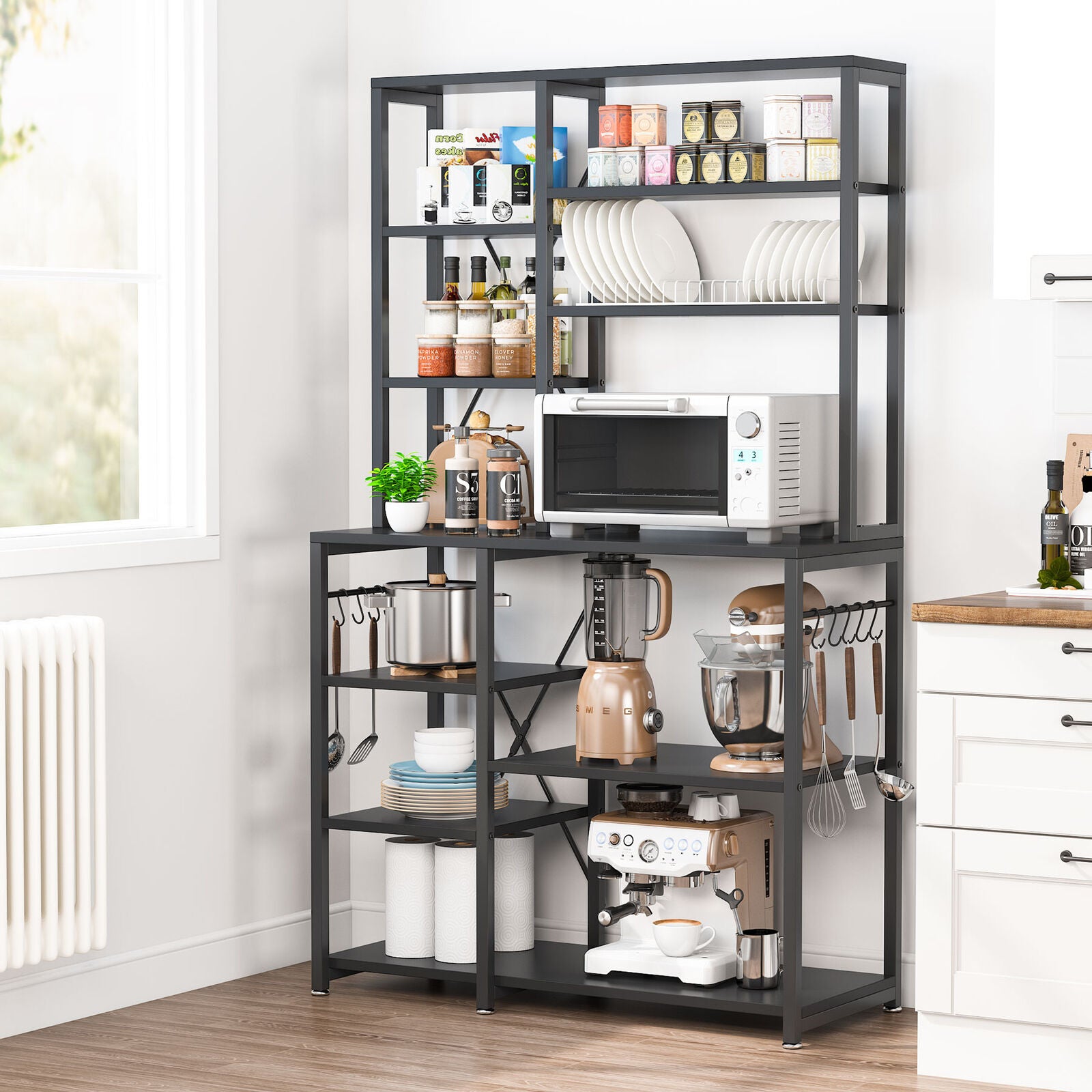 Tribesigns Kitchen Bakers Rack with Hutch， Black Microwave Oven Stand Industrial Storage Shelf