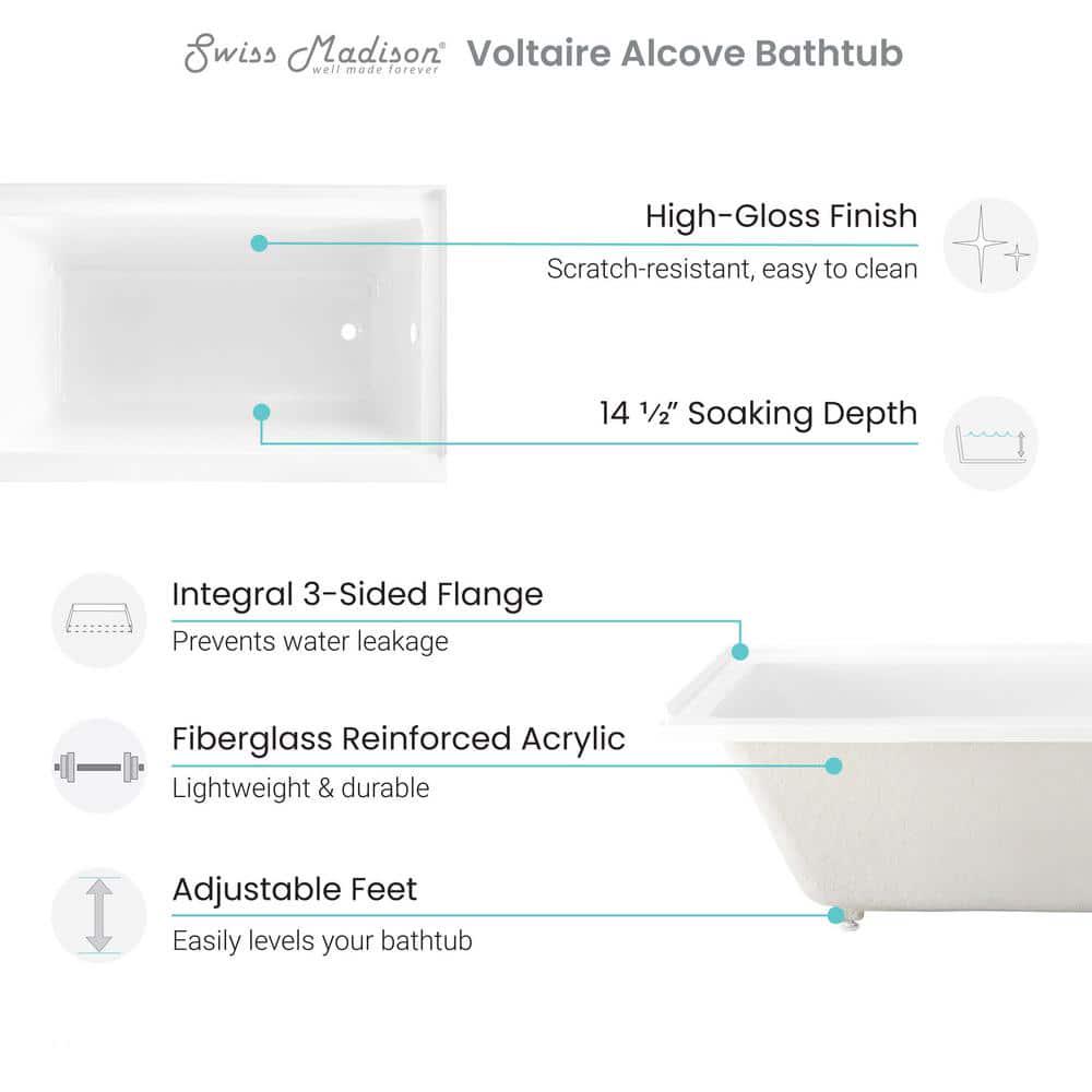 Swiss Madison Voltaire 60 x 30 in Acrylic LeftHand Drain with Integral Tile Flange Rectangular Dropin Bathtub in White