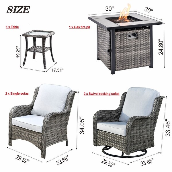 OVIOS Grey Wicker 6piece Patio Furniture Set Swivel Rocking Chair With Fire Pit