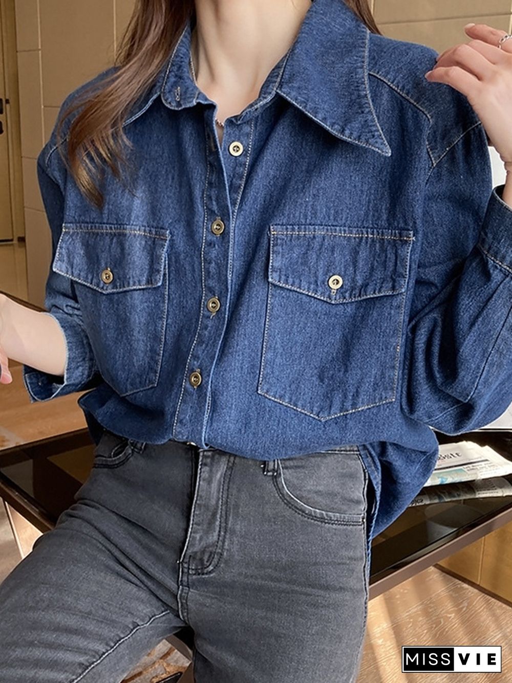 Wash Dual Pocket Denim Blouses&Shirts