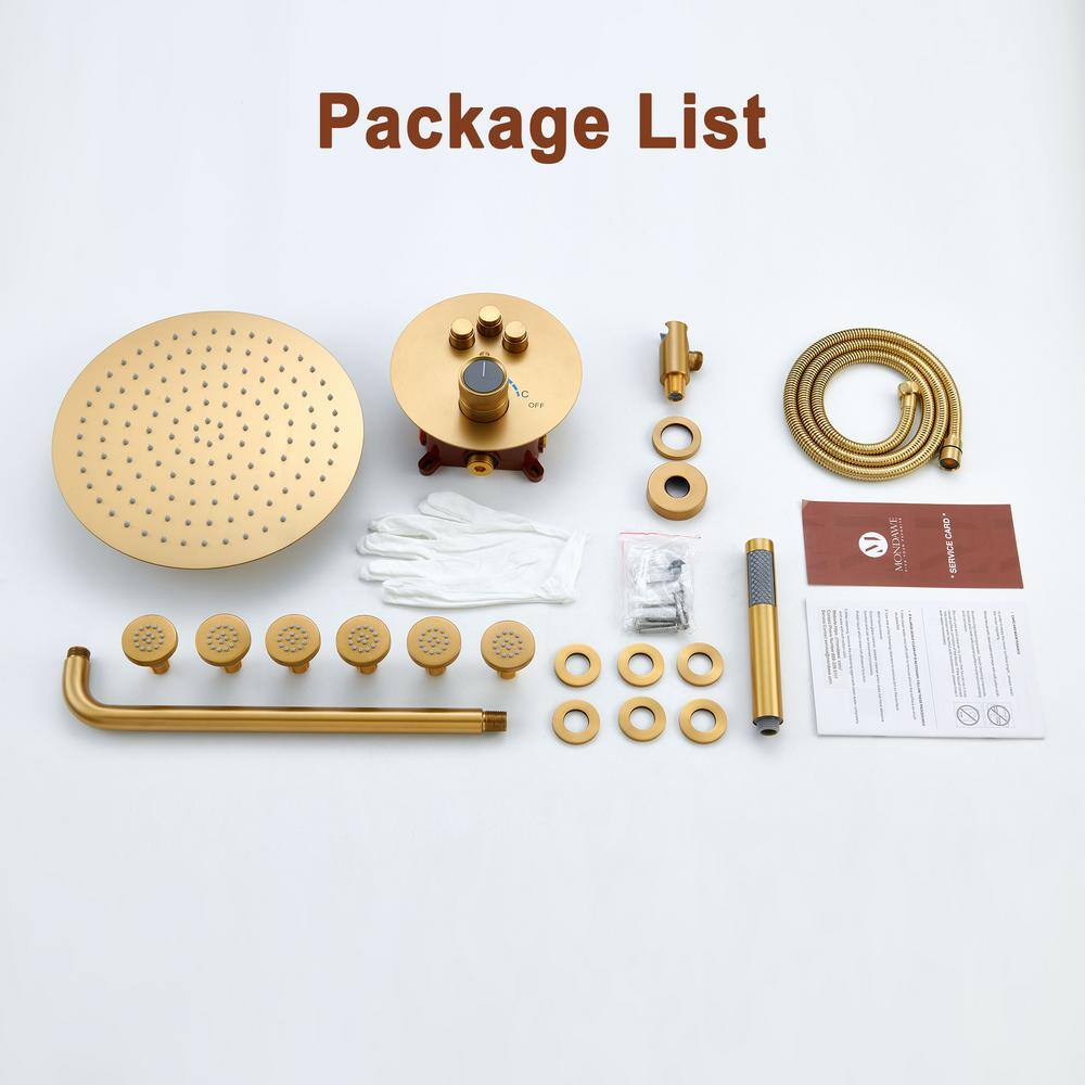 Mondawe Pressure Balanced 3-Spray Patterns 12 in. Wall Mounted Rainfall Dual Shower Heads with 6 Body Spray in Brushed Gold WF6823-12BG