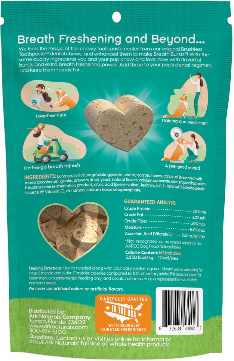 Ark Naturals Breath Bursts Cinnamon Bits Dental Dog Treats， 4-oz bag