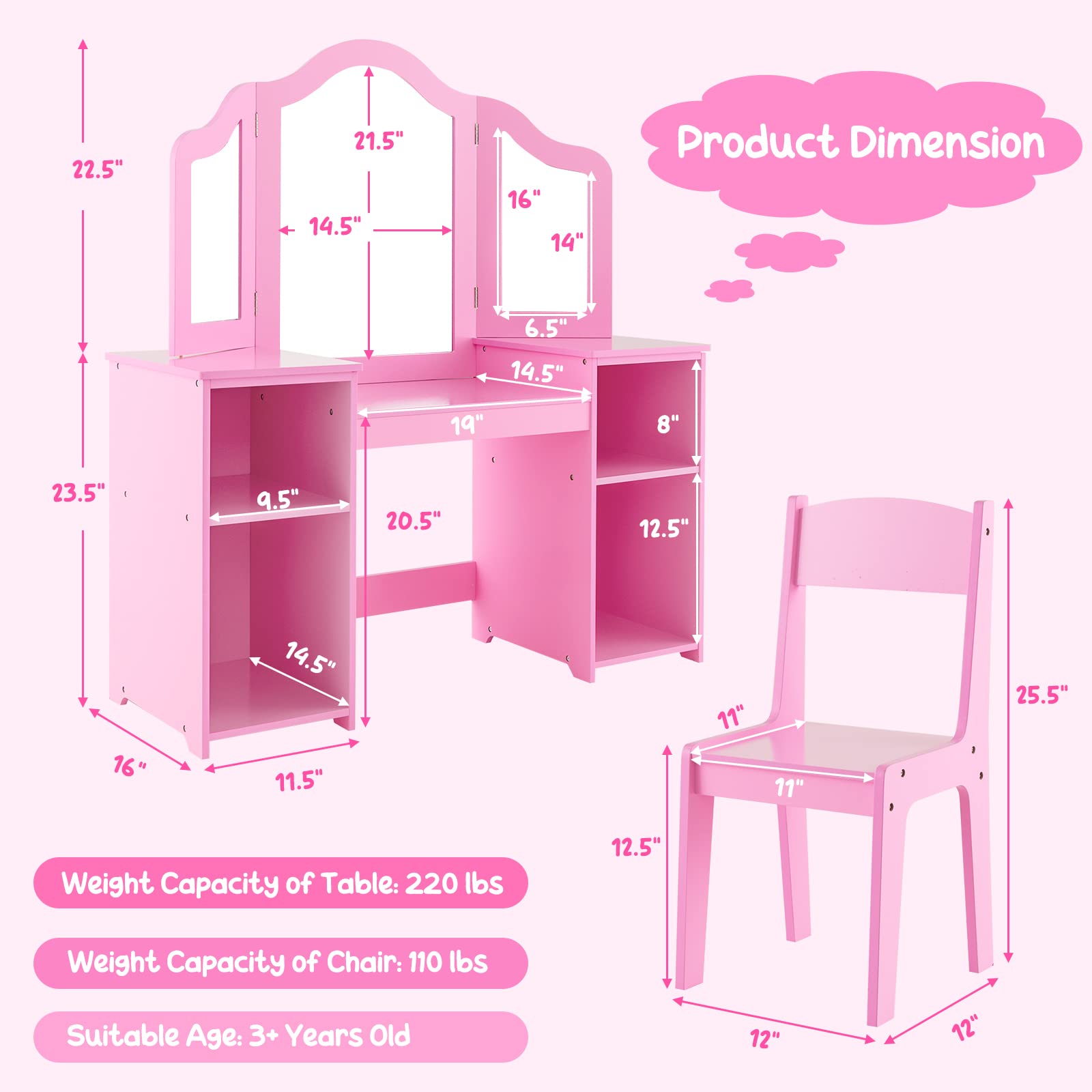 Costzon Kids Vanity Set, 2 in 1 Princess Makeup Dressing Table with Detachable Tri-Folding Mirror