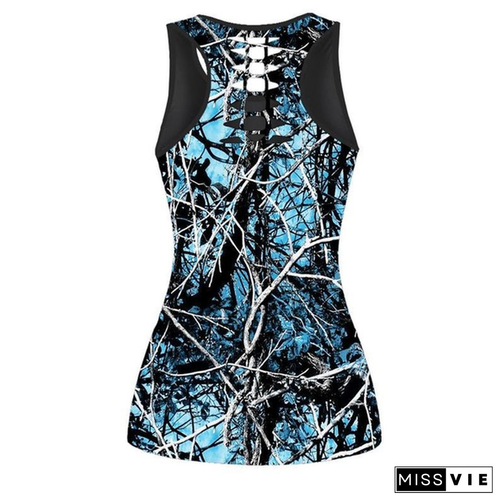 Deer Camouflage Print Cut Out Back Sleeveless Tank Top Sleeveless Shirts