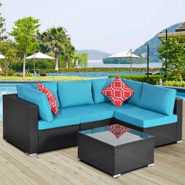 5pc Wicker Patio Sectional Seating Set With Cushions Espresso blue Godeer