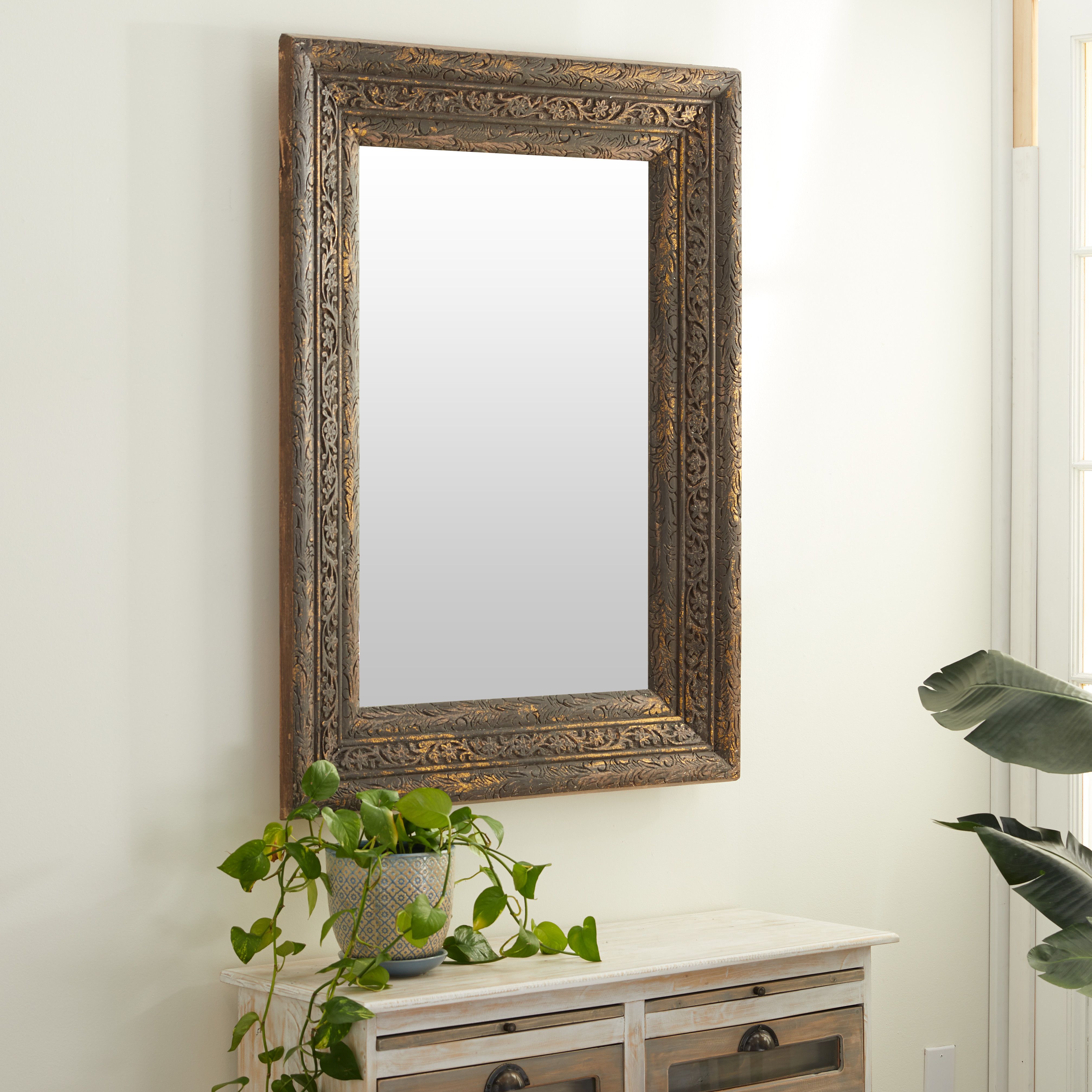 Gold Rustic Wood Wall Mirror 47 x 36