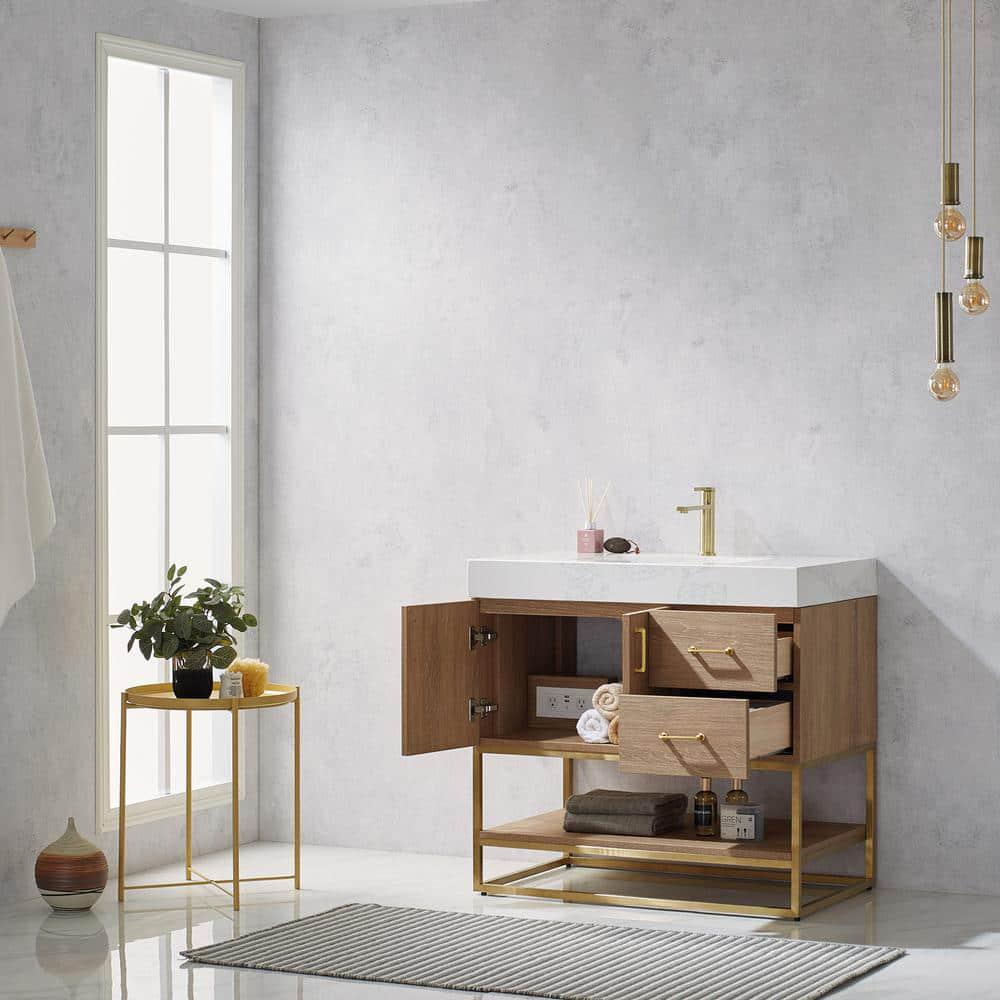 ROSWELL Alistair 36 in Bath Vanity in North American Oak with Grain Stone Top in White with White Basin