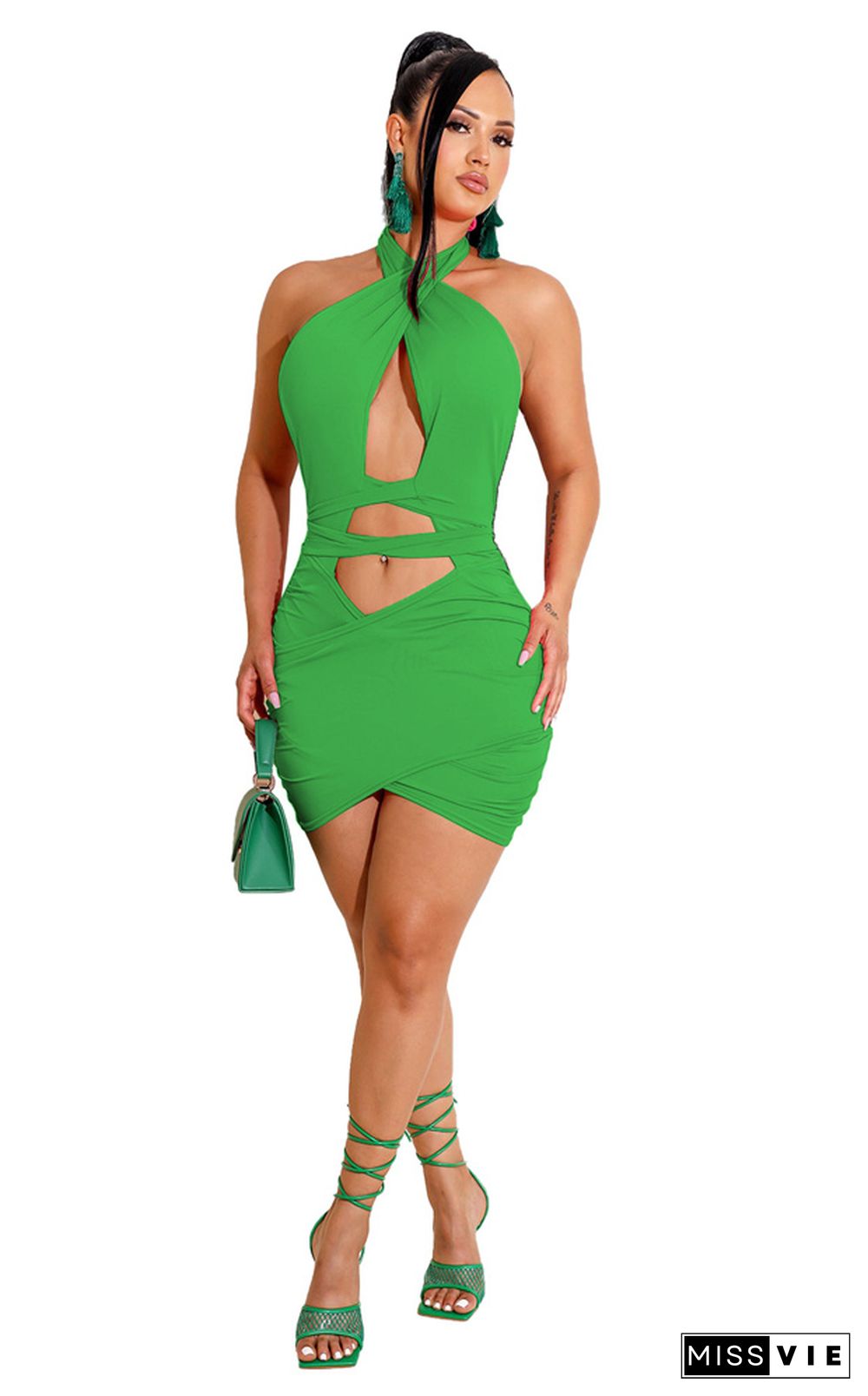 Cross Halter Sleeveless Cut Out Bodycon Dress