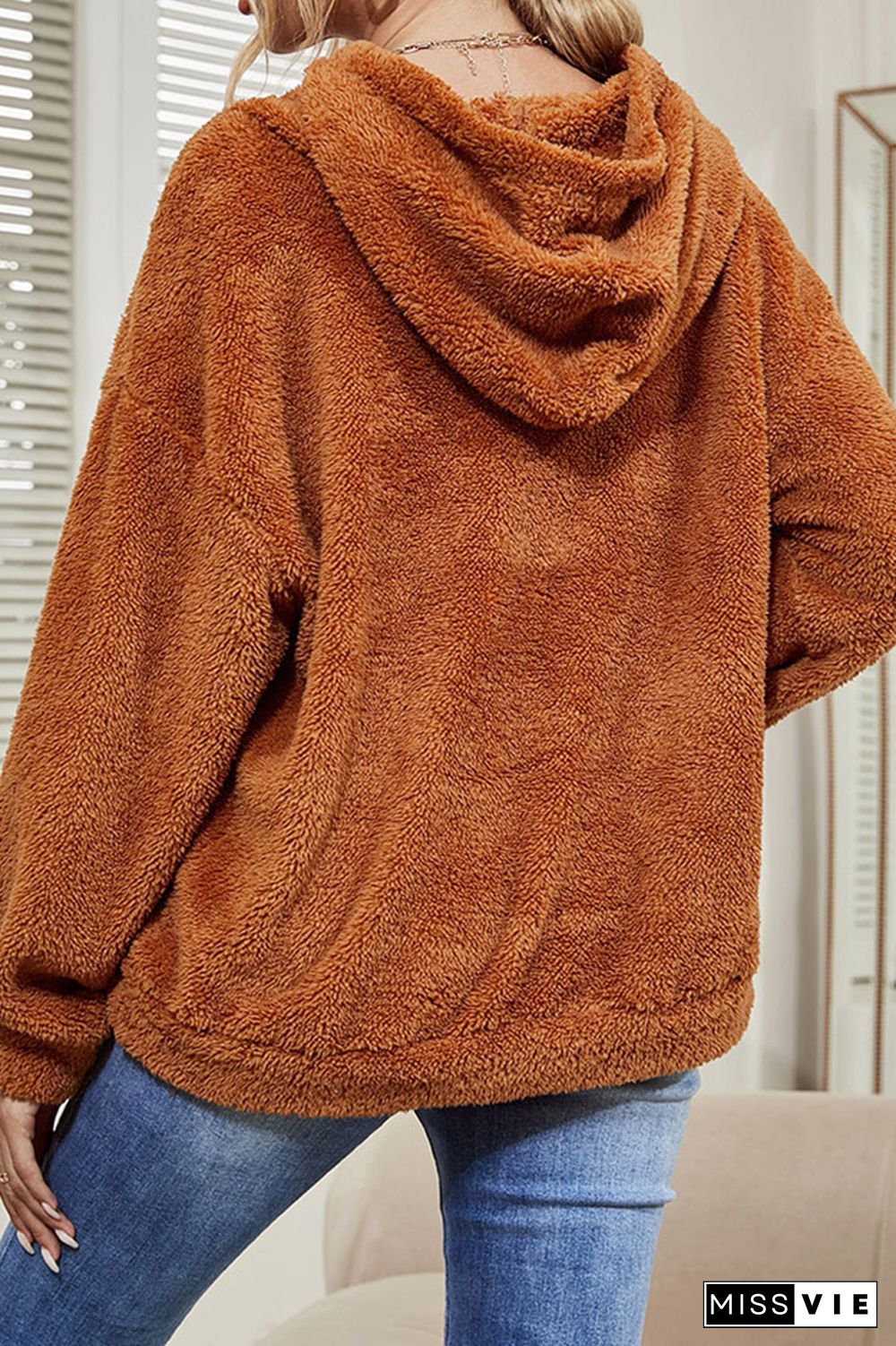 Brown Fleece Hoodie with Pocket Women Wholesale