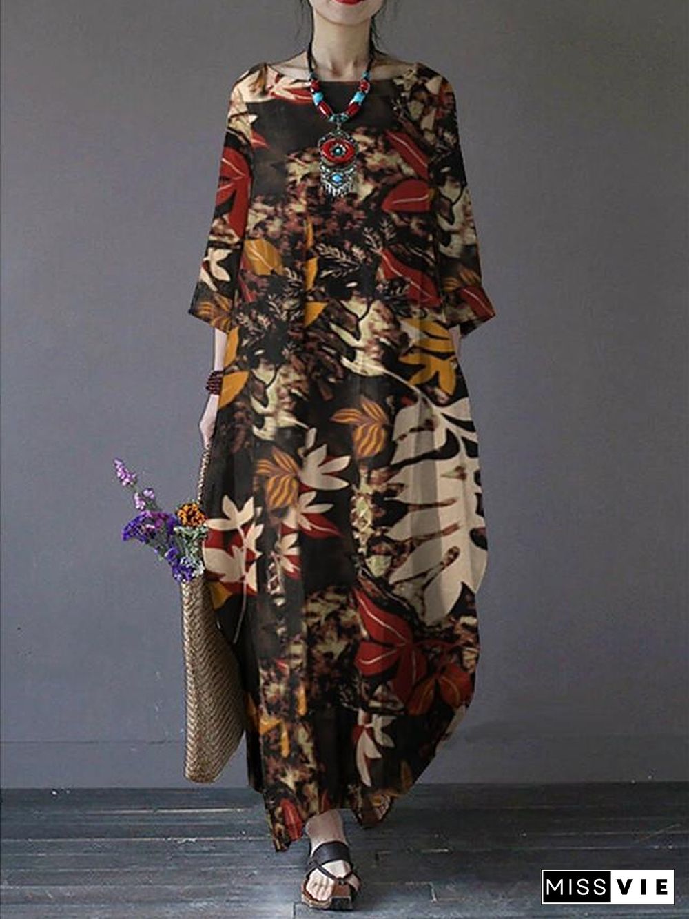 Women's Swing Dress Maxi long Dress 3/4 Length Sleeve Print Print Fall Hot Vintage Chinoiserie Cotton Red Green Brown M L XL XXL 3XL 4XL 5XL