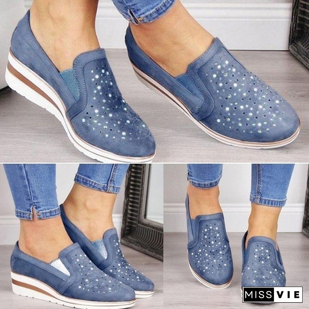 Women Casual Thick Sole Single Shoes Rhinestones Sandals Breathable Wedge Shoes