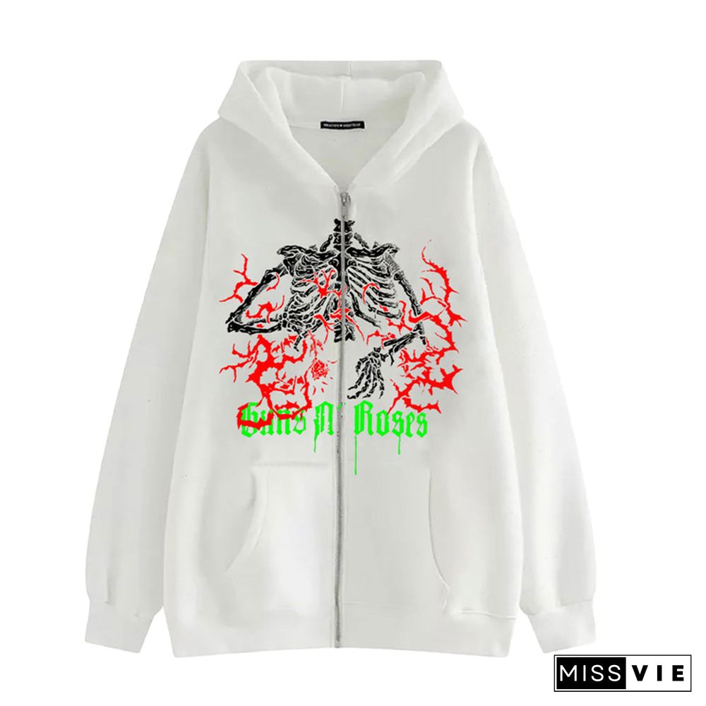 Punk Jacket Women Men Gothic Aesthetic Skull Bone Print Long Sleeve Tops Y2k Casual Zip Up Hooded Sweatshirt Coat